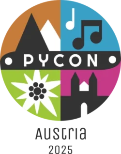 A colorful logo with the text "PYCON Austria 2025", depicting mountains, music notes, an edelweiss flower, and a church.